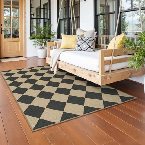 Black Checkered Outdoor Patio Rug 3x5 Washable Non-Slip Entryway Mat - Lessymo