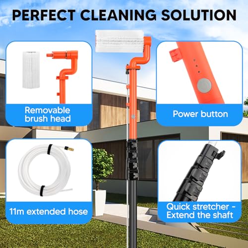 Electric Solar Panel Cleaning Brush and Pole - 20FT Telescopic Water Fed Brush - Orange