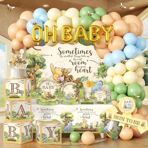 Bear Baby Shower Decorations Set for 25 Guests - Complete Party Kit with Balloons, Tableware & Backdrop