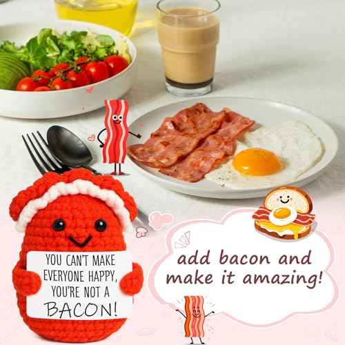 Mini Motivational Bacon Handmade Crochet Bacon for Women White Elephant Christmas Encouragement Gift for Friends Coworkers Small Birthday Back to School Gifts Cute Motivation Unique Office Desk Decor