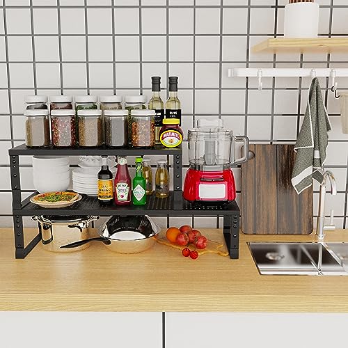 Expandable Stackable Metal Kitchen Organizer with Adjustable Shelves - Large Black 10.24"D x 16.6"~26.5"W x 6.1"/7.5"H