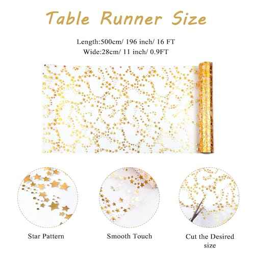 YATOJUZI Gold Table Runner,16 Ft Golden Star Sheer Chiffon Tulle Table Runner,Sequin Glitter Metallic Foil Gold Table Decorations Centerpiece for Wedding Birthday Christmas Party
