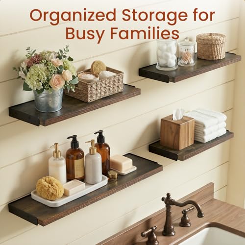 Wall Mounted Floating Shelves Set of 4 - Rustic Brown, 16 Inches - C. Rustic Brown Board & Black Brackets