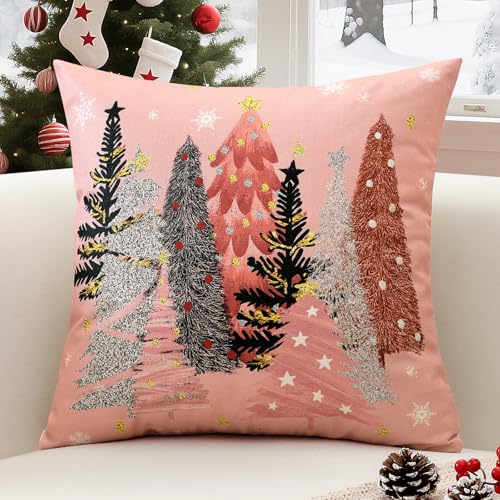 OTOSTAR Pink 20x20 Inch Christmas Pillow Cover - Tree & Snowflake Holiday Cushion Case