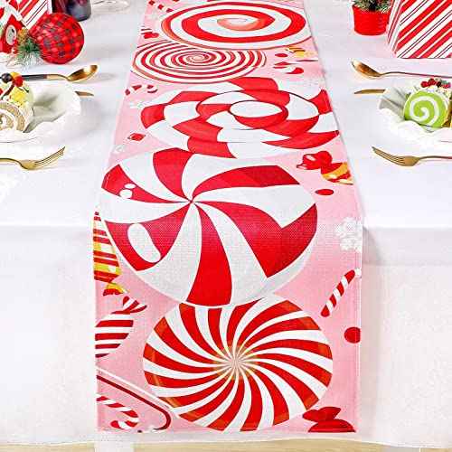 Christmas Candy Cane Table Runner Red White Sugar Table Runner Xmas Winter Snowflake Rectangular Tablecloth Washable Sweets Runner for Home Kitchen Dining Party Holiday Decor Wedding, 11.8 x 70 Inch