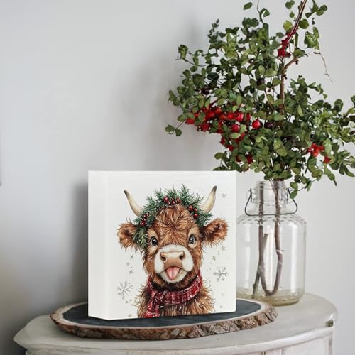 Cow Variation Christmas Western Wooden Sign - 5x5 Inch Box Decor, Highland Baby Snowy Home & Kitchen