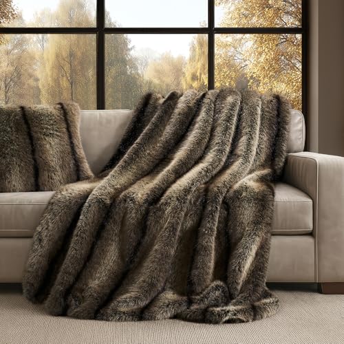 EverGrace Faux Fur Throw Blanket 60x80 Ombré Sable Brown Luxury Plush