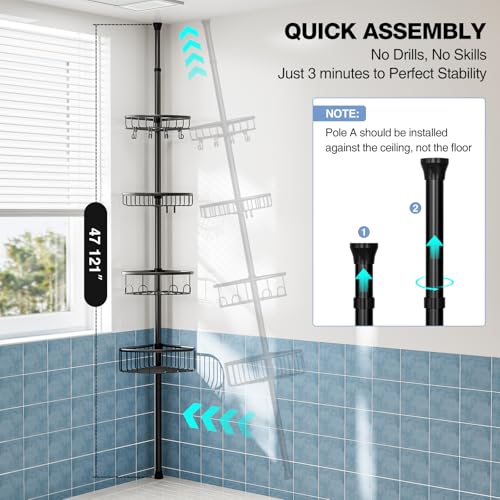 ESSEME Black Corner Shower Caddy Tension Pole - 4-Tier Rustproof Bathroom Organizer