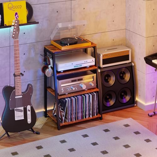 4-Tier Heavy Duty Media Stand with Hooks - Wooden Audio & Game Console Rack, Large TV & DVD Storage, Regular