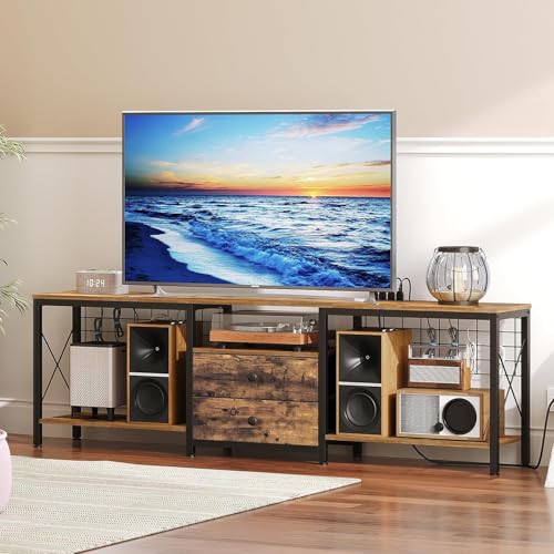Rustic Brown TV Stand with Power Outlet & Cable Management - 70.9"