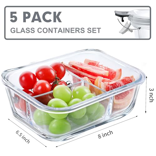 VERONES 5 Pack 36oz Grey Glass Food Storage Containers with 3 Compartments