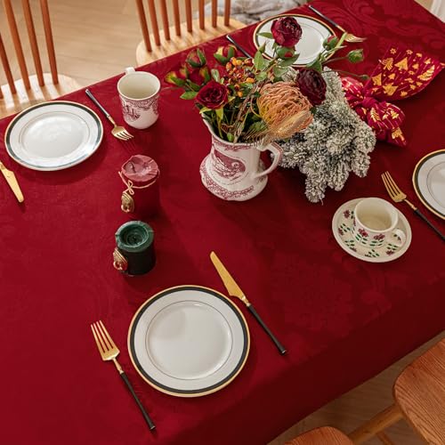 Romanstile Red Christmas Jacquard Tablecloth 60x144 Inch Waterproof Floral Decor