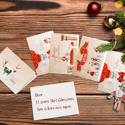 NOVELTYBOXUSA 24 Christmas Cards with Envelopes – 4 x 6, 4 Designs, Blank Inside, Boxed (Brown-Red variant)