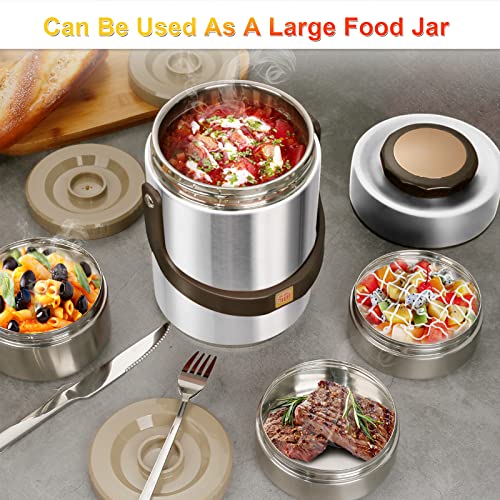 Pawovdeq 67 oz Stainless Steel Vacuum Insulated Soup Food Thermo with 3-Compartment Bento, Silver