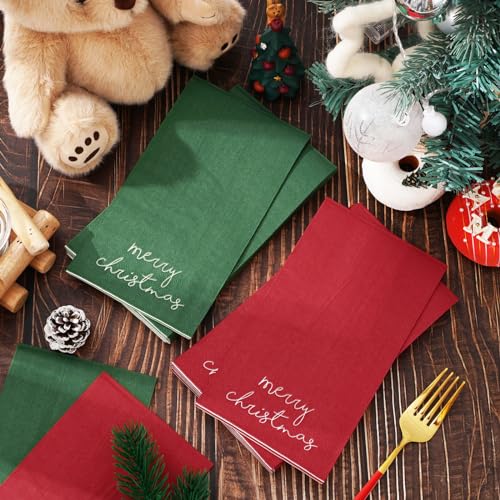 Whaline 200 Pcs Christmas Guest Napkins Red & Green Merry Christmas Paper Napkins - Disposable Xmas Guest Hand Napkins