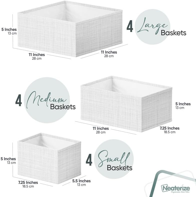 Skiennix Drawer Organizer Set of 12 - White-Grey Dresser Storage for Nursery & Bedroom Organization