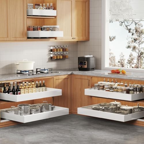 White 2 Pack Expandable Pull Out Cabinet Organizers for Wide Cabinets - 15.1 to 26.3 inch Width, 21 inch Depth, No Drill, Rolling Shelves