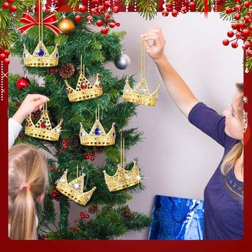 8pcs Gold Crown Christmas Ornaments Set - Metal Crystal Holiday Decorations