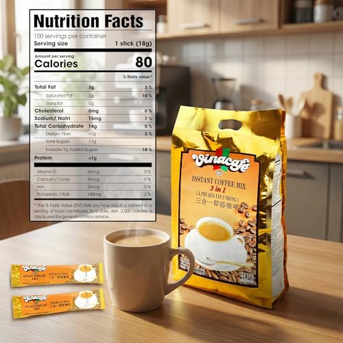 Vinacafe Vietnamese Instant Coffee Sticks 100 Count 3-in-1 Milk Coffee Pack
