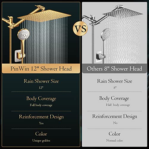 PinWin 12'' Rain Shower Head with 11'' Extension Arm - Brushed Gold