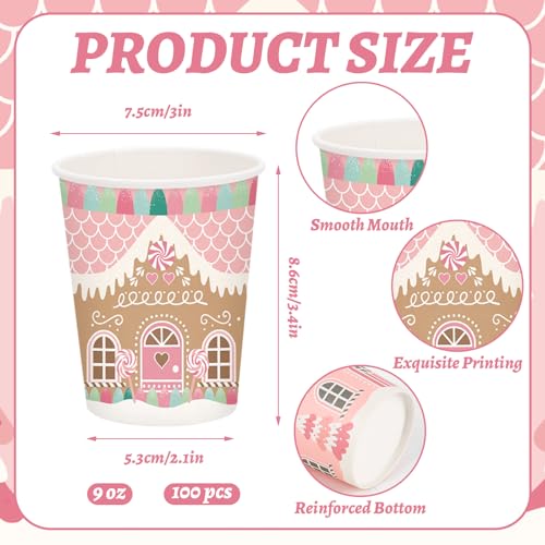 Whaline 100Pcs 9oz Christmas Gingerbread Paper Cups, Disposable Holiday Party Drinkware