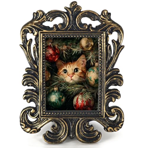 Vintage Christmas Cat Ornament Tree Small Picture Frame Baroque