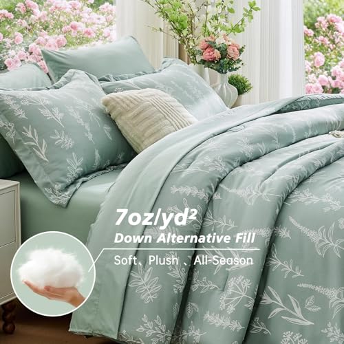 MUXHOMO Queen Floral Comforter Set 7-Piece Bedding in Sage Green Leaves, Queen (88"x 88")