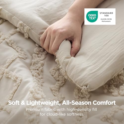 Bedsure Queen Tufted Boho Comforter Set Beige - Elegant Bedding for Bedroom Decor