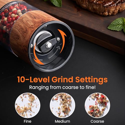 Rechargeable Electric Salt and Pepper Grinder Set with Adjustable Coarseness - Wood Grain