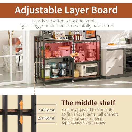 Rustic 3-Tier Adjustable Microwave Cart with Power Outlet and Casters - Brown