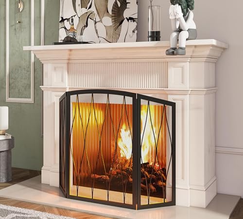 Kingson 3-Panel Childproof Fireplace Screen - Heavy Duty Wrought Iron Spark Guard, Foldable Black Mesh Cover for Living Room