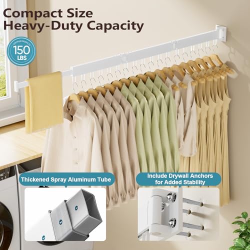 JAUREE Wall Mounted Clothes Drying Rack White - Space-Saving & Foldable Laundry Organizer with 18 Hooks