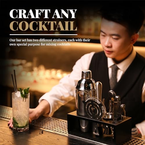 Mixology Bartender Kit with Stand - Silver 15-Piece Cocktail Set for Drink Mixing