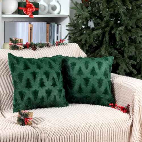 Mixweer 2 Set Christmas Tree Pillow Covers 18x18 Inch Green Christmas Throw Pillow Cases Decorations Plush Faux Fur Soft Cushion Case for Winter Xmas Holiday Home Bedroom Sofa
