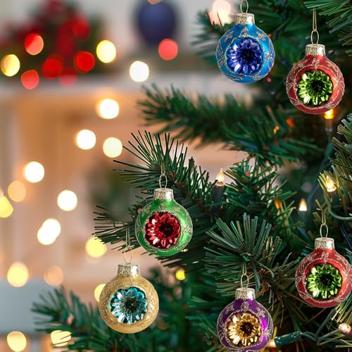 9 Pcs Christmas Glass Reflector Ball Ornaments - 1.6 Inch Hanging Holiday Decor