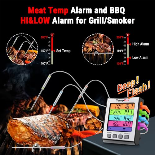 TempPro TempTrack Digital Meat Thermometer with 4 Color-Coated Probes - Accurate BBQ & Cooking