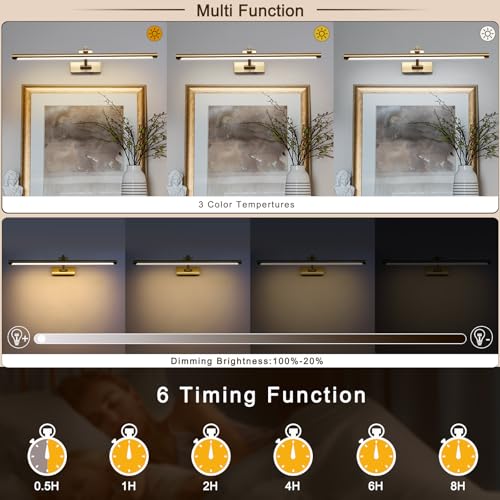 Battery Operated Brass 24-Inch Wireless LED Picture Light with Remote & Timer – Adjustable Art Wall Lamp
