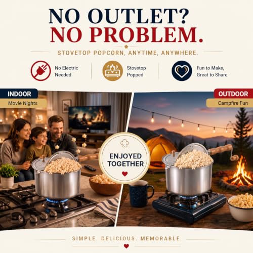 Cook N Home Brushed Aluminum 6 Quart Stovetop Popcorn Popper with Hand Crank