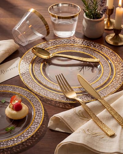 Nervure 300PCS Gold Hammered Plastic Silverware Set - Heavy Duty Disposable Cutlery for Events