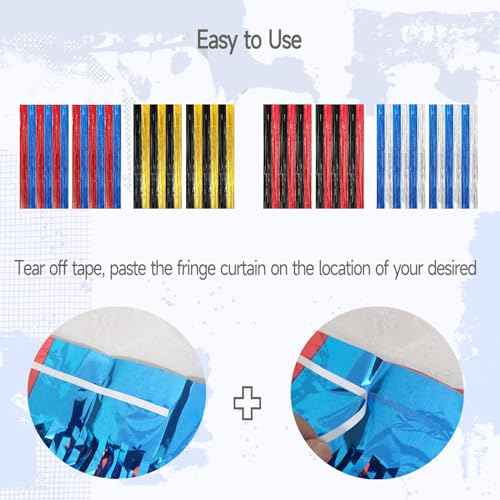 4 Pack Red and Blue Foil Fringe Curtains Photo Booth Prop Tinsel Streamer Backdrops, Birthday Party Decorations Graduation Bachelorette Bridal Wedding Baby Shower Party Supplies, 3.3x6.6 ft