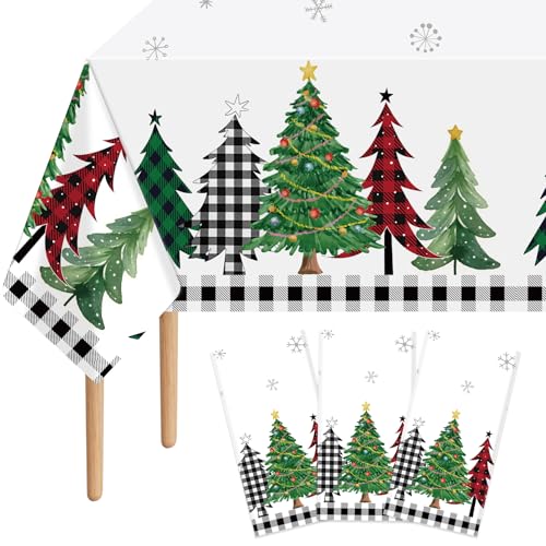 3Pcs Buffalo Plaid Christmas Tree Tablecloth, 54 x 108 Inch Waterproof Black and White Checkered Snowflake Table Cover, Xmas Party Decorations for Winter Holiday, New Year Decor