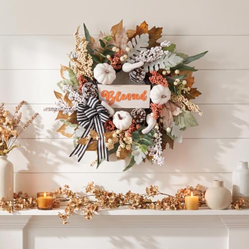 Fall Wreath for Front Door 22 Inch Autumn Harvest Decor with White Pumpkin & Ribbon Bow