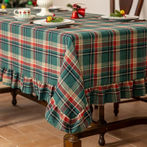 Green Plaid Christmas Ruffled Cotton Blend Tablecloth 60x120" Rectangle