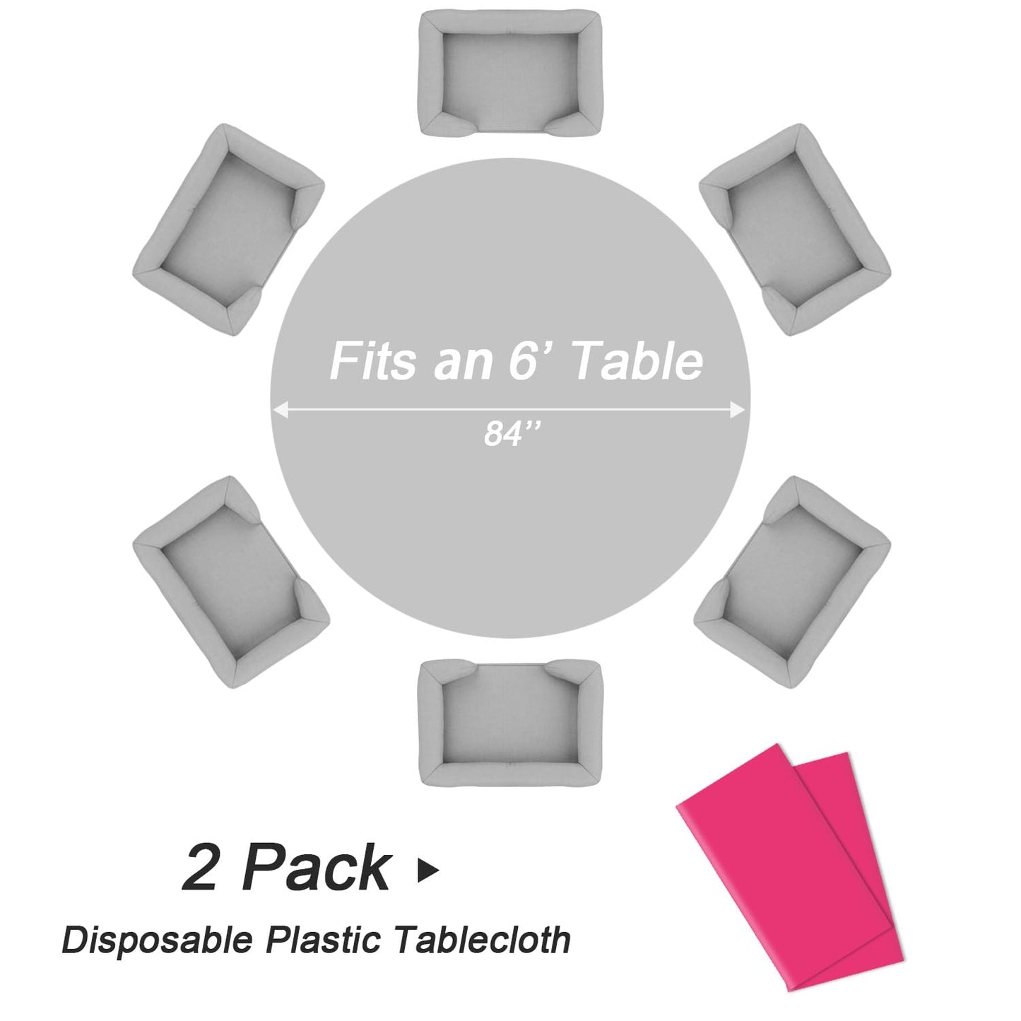 QIKSION Hot Pink Round Tablecloth 2 Pack, 84 Inch Plastic Table Cover Disposable for Parties