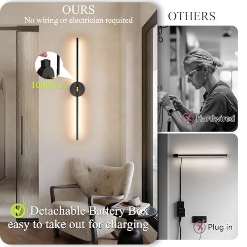 iThird Black Wireless Rechargeable Wall Sconce Set of 2 - 10,000mAh, 31.5 Inch, Dimmable & 360° Rotatable, Touch & Remote Control for Bedroom Living Room Hallway