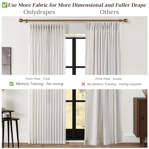 Triple Pinch Pleated Curtains for Living Room 90 Inch Linen 2 Panels