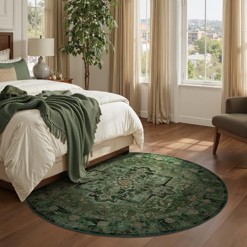 Green Medallion 6ft Round Rug - Washable Non-Slip Low Pile Carpet for Living Room & Bedroom - Jainmy