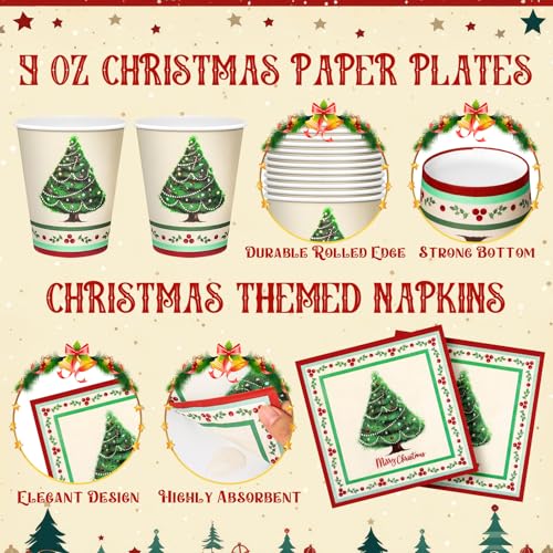 Retro Christmas Party Supplies Set for 50 Guests - Paper Plates, Napkins & Cups