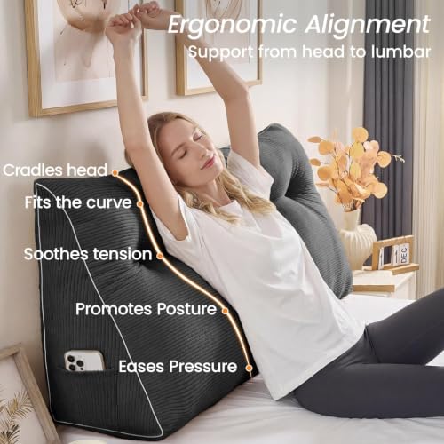 Sasttie Dark Grey Twin/Twin XL Wedge Headboard Pillow for Bed & Lounge