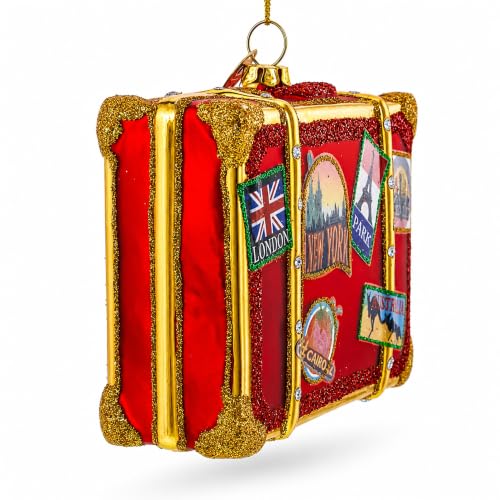 BestPysanky Handcrafted Glass Christmas Ornament - Well-Traveled Suitcase, Holiday Decor